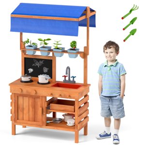 Gymax Mud Cuisine en bois Pretend Play Cuisine avec Canopie réglable en hauteur