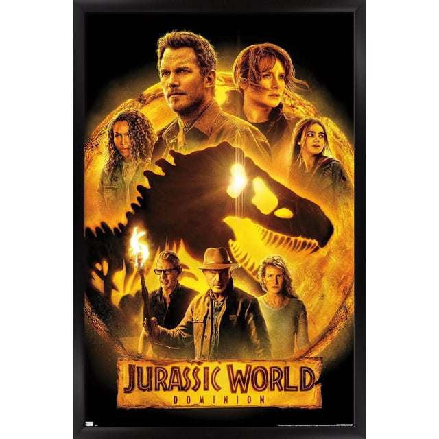 Monde Jurassique : Dominion - Affiche Murale de Groupe un, 14,725 Po x 22,375 Po Encadrée, Présentant une silhouette de Squelette T-Rex Noire Centrée sur un Fond orange Lumineux avec Sept Personnages Positionnés Autour, un Tenant une Torche, et le Titre du Film en Texte Audacieux au Bas.