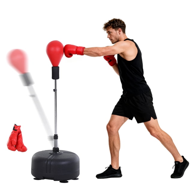 Soozier Sac de Boxe, Ensemble de Sacs de Boxe avec 6 Ventouses et Gants de Boxe. un Sac de Boxe Rouge et Noir avec une Tige en Acier à Hauteur Ajustable, Balle de Boxe Réactive et une base Robuste Pouvant Être Remplie de Sable Ou d'Eau pour la Stabilité. Comprend des Gants de Boxe Rouges et Comprend six Ventouses pour une Meilleure Prise sur les surfaces Lisses. Idéal pour l'Entraînement de Boxe et les Installations d'Équipement d'Exercice à Domicile.