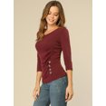 thumbnail image 2 of INSPIRE CHIC Women's Button Decor V Neck 3/4 Sleeve Solid Blouse Knitted Ruched Top, 2 of 6