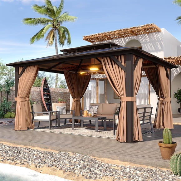 Aoxun 10 ft. x 12 ft. Hardtop Gazebo, Double Polycarbonate Roof Aluminum Frame Gazebo W/Curtain and Netting, Brown