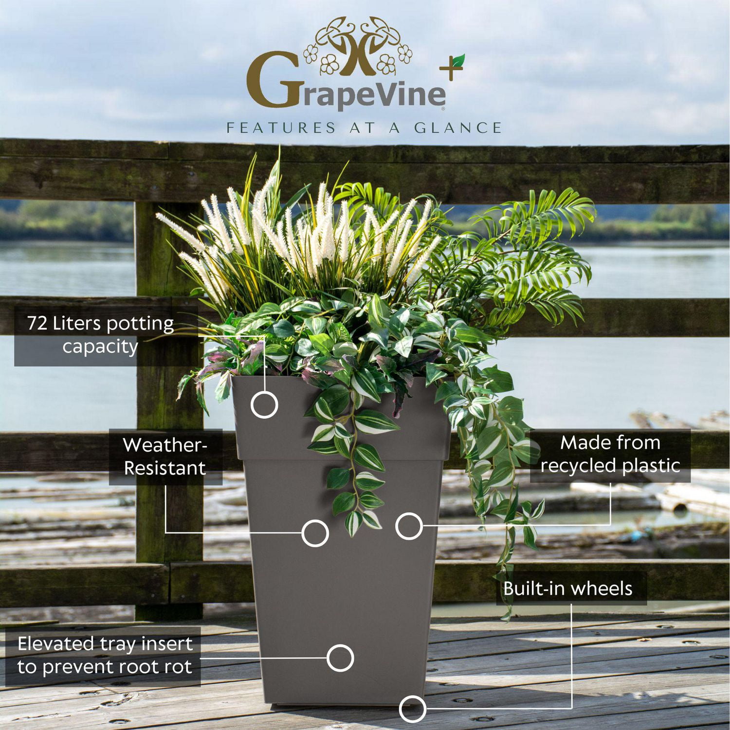 Ensemble de 2 jardinière Ollie en plastique recyclé de la collection Grapevine, gris foncé