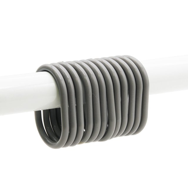 Solid Pearly Gray Plastic Shower Curtain Rings - Set of 12 displayed on a white shower rod. These rustproof, durable plastic rings glide smoothly and fit standard shower rods with diameters of 3/4 to 1 1/8 inches. The pearly gray finish enhances bathroom décor with a sleek, modern look.