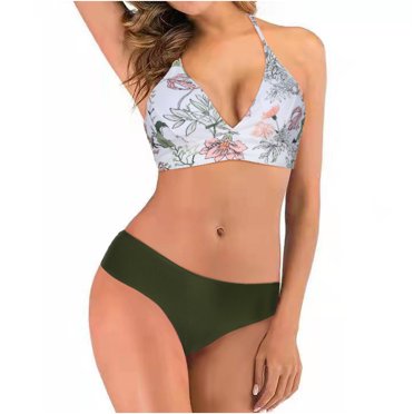 WREESH Women With Chest Pad Without Underwire Floral Printed Double Shoulder Bikini Split Swimsuit