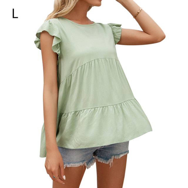 Femmes T-shirt Été Dentelle Ronde Été T-shirt Manches Courtes Col Rond Manches Courtes Décontracté en Vrac Top, Vert, L
