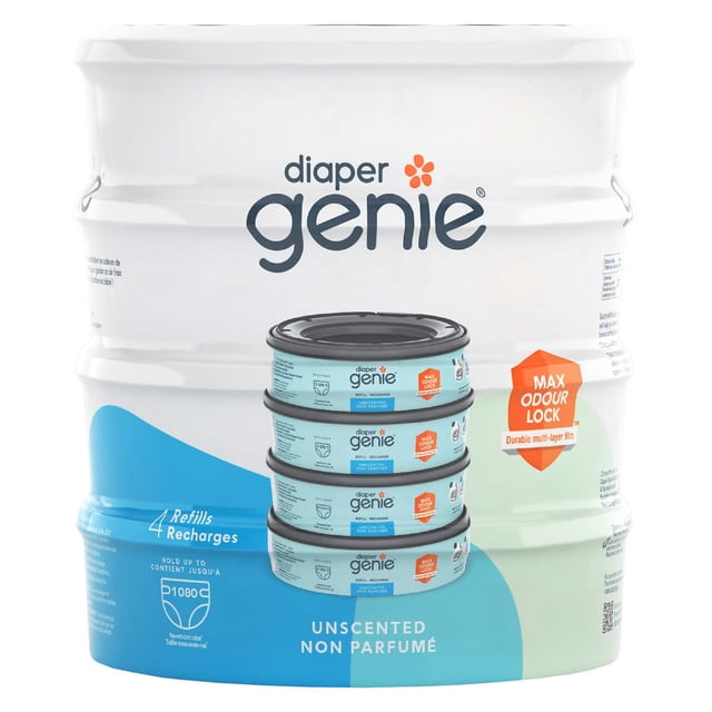 Diaper Genie Disposal System Refills, 4-count pack, designed to hold up to 1080 diapers. Features durable 7-layer film for maximum odour lock and mess containment. The image shows the unscented refill pack with four individual refills stacked, compatible with the Diaper Genie disposal system.