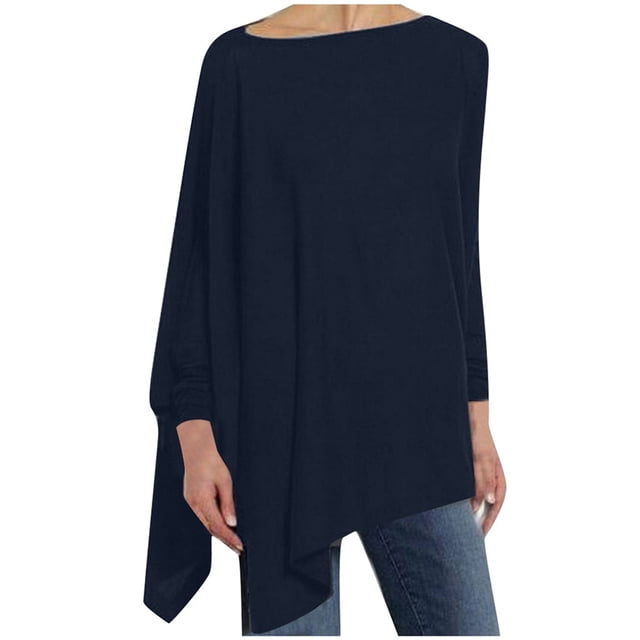 IROINID Reduced Womens Plus Size Tops Lounge Plus Size Round Neck Solid Long Sleeve Irregular Sweatshirt Loose Print Pullover Tops Blouse,Navy