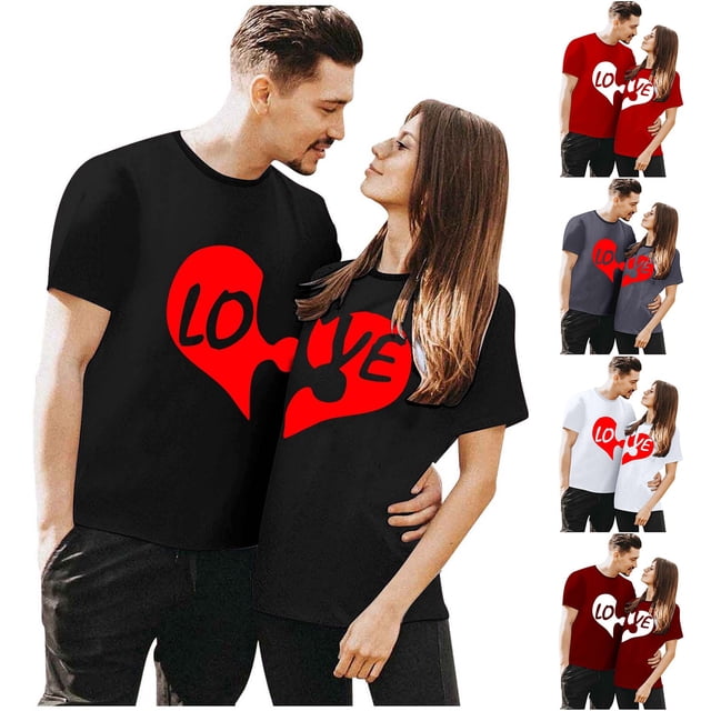 Chandails à Col Rond pour Couples Assortis T-Shirt à Manches Courtes de la Saint-Valentin Mode Imprimé Cœur Décontracté Respirant Confortable Doux T-Shirt de Base pour Lui et Elle Vêtements de Vacances Noir m