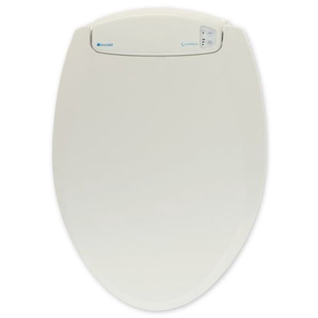 LumaWarm Heated Nightlight Elongated Toilet Seat in biscuit color, featuring a smooth elongated shape with adjustable heated seat settings, a blue LED nightlight, gentle closing seat and lid, designed to fit all standard toilet fixtures for enhanced bathroom comfort.