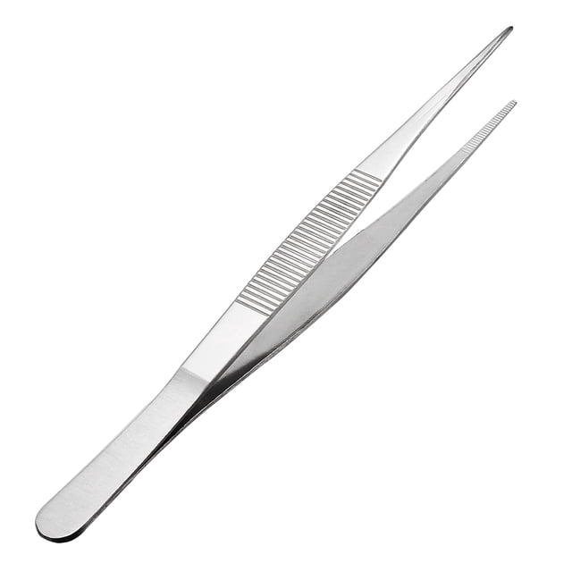 Unique Bargains 8-Inch Stainless Steel Straight Pointed Tweezers with Serrated Tip. Constructed from 430 stainless steel with a polished finish, these tweezers are corrosion-resistant and durable. The serrated tips provide a secure grip, and the ergonomic knurled handle ensures steady control. Ideal for tasks like picking small parts, replacing electronic components, gardening, or crafting. Slightly magnetic due to the cold working process.