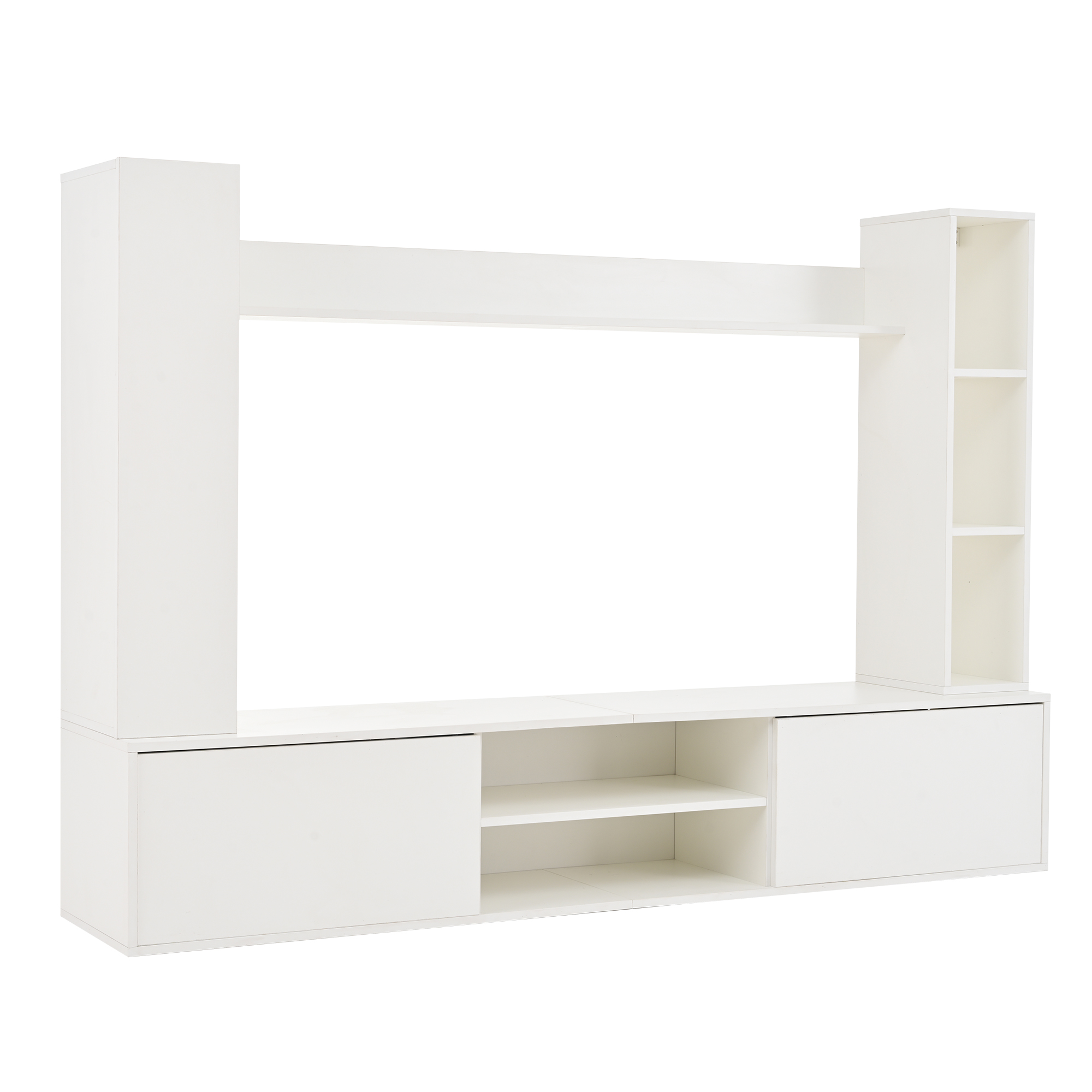 Homy Casa Modular White Entertainment Center with TV Console, 2 Display Cabinets and Wall Shelf