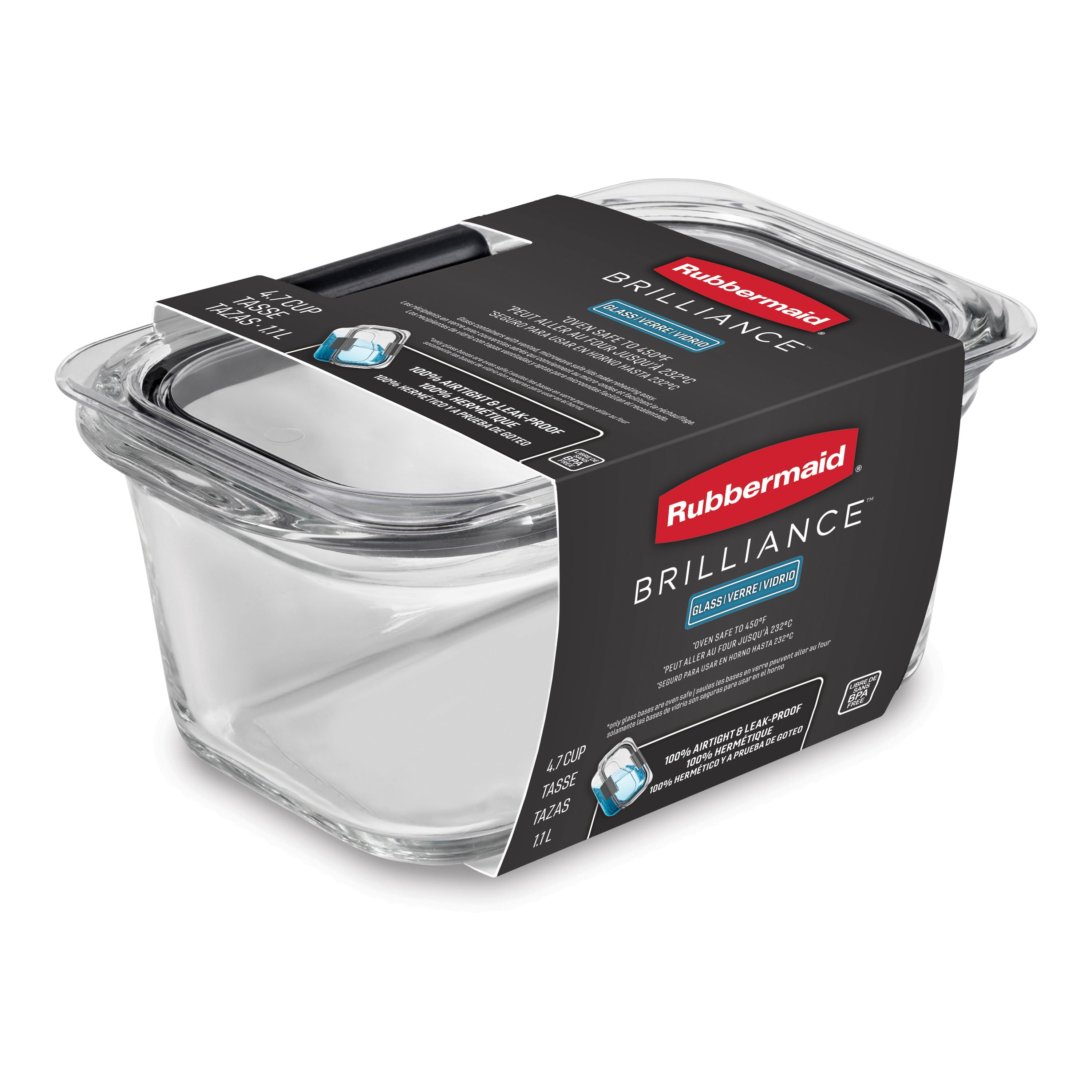Récipient d’entreposage pour aliments en verre Rubbermaid Brilliance, 4,7 tasses (1,1 l), paquet de 1