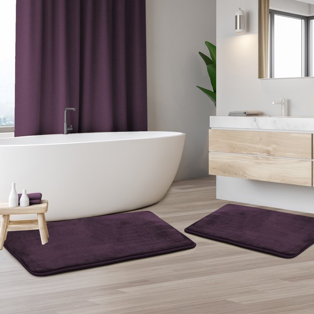 Set of 2 Clara Clark Bath Mat Bathroom Rug - Absorbent Memory Foam Bath Rugs - Non-Slip, Thick, Cozy Microfiber Bathrug, Plush Shower, Toilet Bathmats - Purple - Large Size 20"x32" Small Size 17”x24”