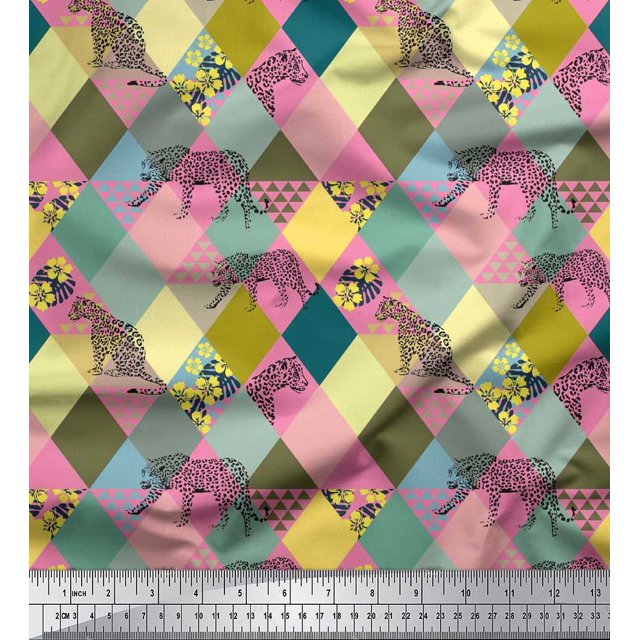 Soimoi Crepe Silk Fabric Leopard & Argyle Patchwork Print Fabric by Yard 42 Inch Wide