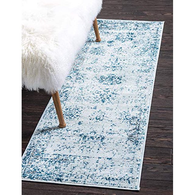 Unique Tapis de Course Bleu Clair Vintage Traditionnel Collection Sofia à Tisser (3 x 16)