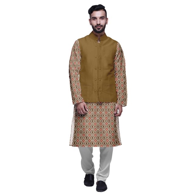 Atasi Kurta Pyjama pour Homme Veste Col Mandarin Indien Imprimé Ensemble de Tenue Ethnique