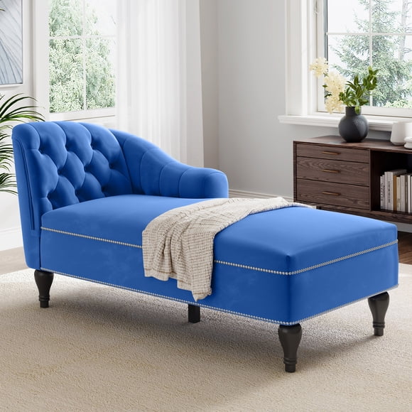 Noble House 58" Velvet Chaise Lounge,Button Tufted Right Arm Facing with Nailhead Trim & Solid Wood Legs,Blue