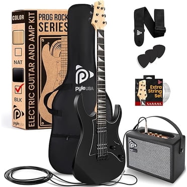 Pyle Prog Rock EG Series Electric Guitar with Amp Kit, 39" Full Size with Dual Humbucker Pickups, Low Profile Neck and Solid Paulownia Body, Premium Accessory Kit Included (Black Matte)