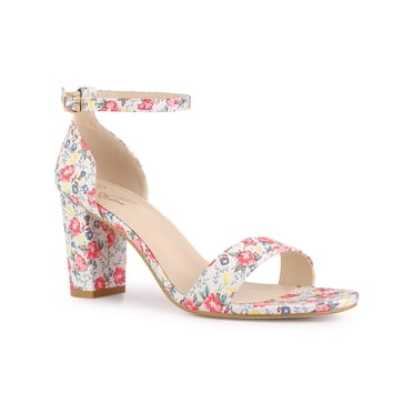 BLISSFUL STEP Women's Shoes Floral Printed Chunky Heel Ankle Strap Open Toe Block Heel Dress Sandals Red Flower 8.5