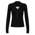 thumbnail image 4 of Gupgi Women Slim Pullover Button Front Knit Tops Long Sleeve Lace Patchwork T-Shirts, 4 of 8