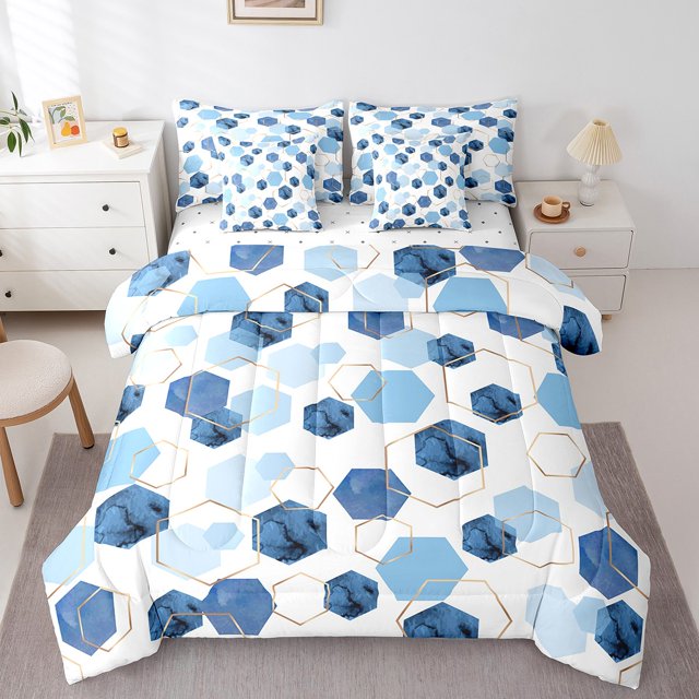 YST Geometry Hexagon 7pcs Bedding Set, Navy Blue Abstract Tie Dye Comforter, Full Size Microfiber