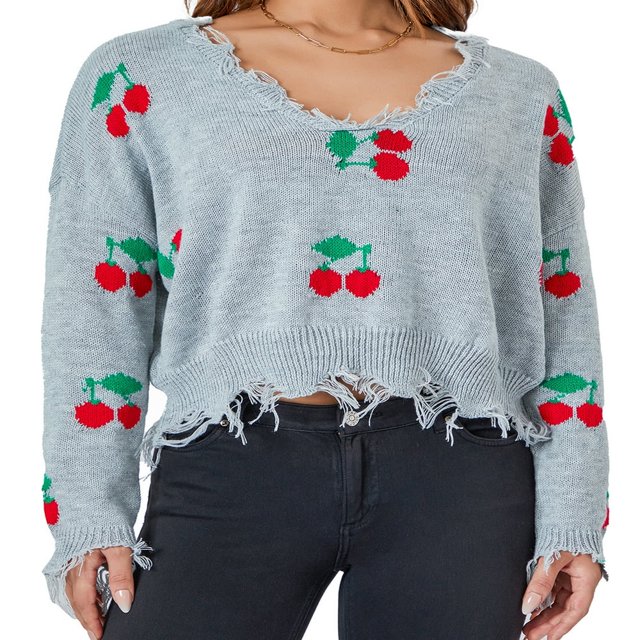 Pull Tricoté pour Femmes Manches Longues Col en V Cerise/carreaux à Franges