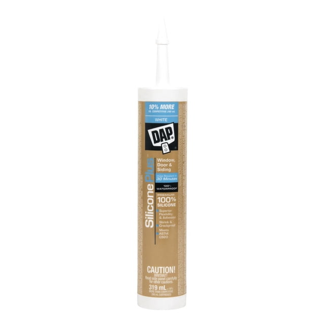 DAP Silicone Plus Premium Silicone Sealant, tube Blanc de 319 ml avec Embout Pointu, Conçu pour l'Étanchéité de Fenêtres, Portes et Bardages, Offrant une Étanchéité 100 % Étanche, Résistante aux Intempéries, flexible et Résistante aux Fissures, Convient à une Utilisation Intérieure et Extérieure.