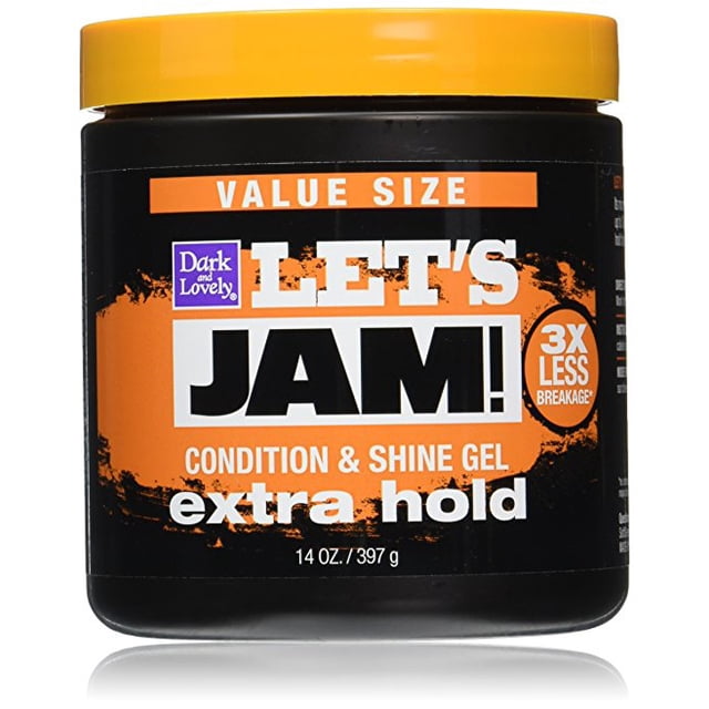 Dark and Lovely Let's Jam Condition and Shine Gel Extra 14 oz in a black jar with an orange lid and bold branding. This hair styling gel offers extra hold, conditioning, and shine with micro-emulsion technology for up to 3X less breakage. Suitable for sleek styles, molds, and wraps.