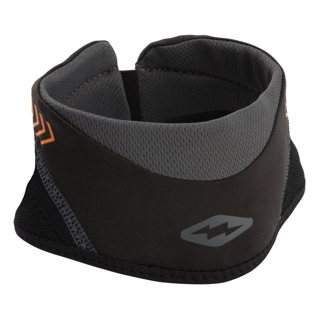 Shock Doctor Ultra Neck Guard Youth shown from a 3/4 rear angle, made of black and dark grey flexible, lightweight fabric with a low-profile anatomical pre-curved design, featuring an adjustable hook and loop closure and orange stitching, designed for neck protection in ice hockey.