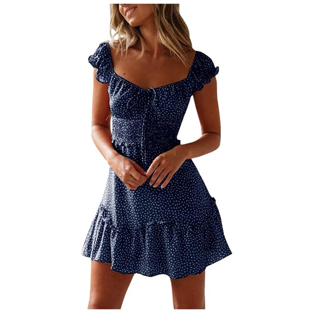 PVCS Women Square Collar Vintage Floral Print Summer Short Sleeve Beach Mini Dress