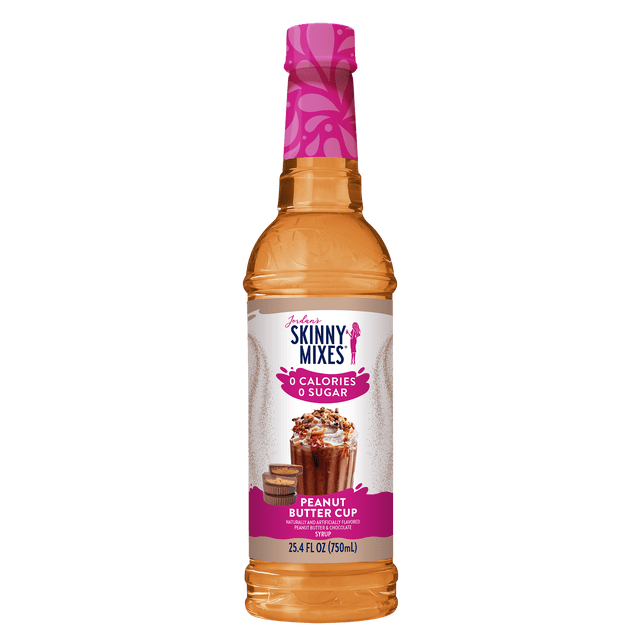 Tasse de Sirop au Beurre d'Arachide SF par Jordan's Skinny Mixes, une Bouteille en Plastique Transparent de 750 ml avec un Bouchon à Motif Rose, Étiquetée Zéro Calorie et Zéro Sucre, Présentant une image de dessert en Coupe au Beurre d'Arachide. Ce Sirop Savoureux Rehausse les Essentiels du Garde-Manger et Sucre les Boissons Ou les desserts.