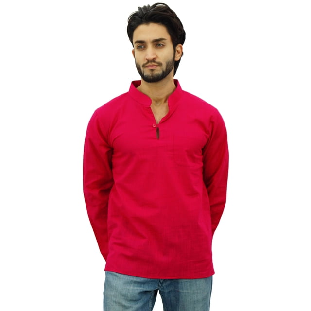Atasi Kurta Court à Col Officier pour Homme en Coton Fuchsia Chemise Décontractée-Xx-Grand