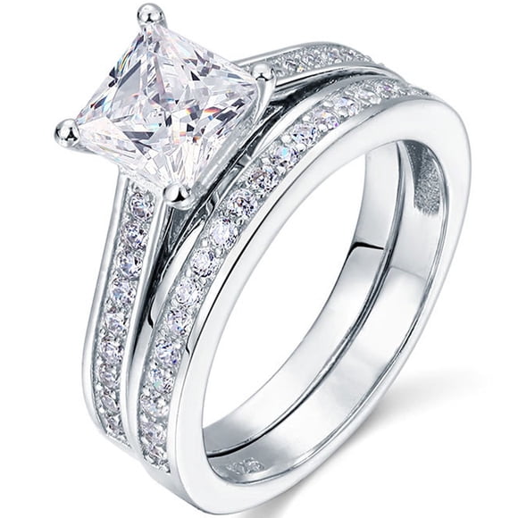JeenMata 1.50 Carat Princess Cut Moissanite Wedding Set - Bridal Set - Channel Set Ring - Handmade Ring - 18k White Gold Plating for Women