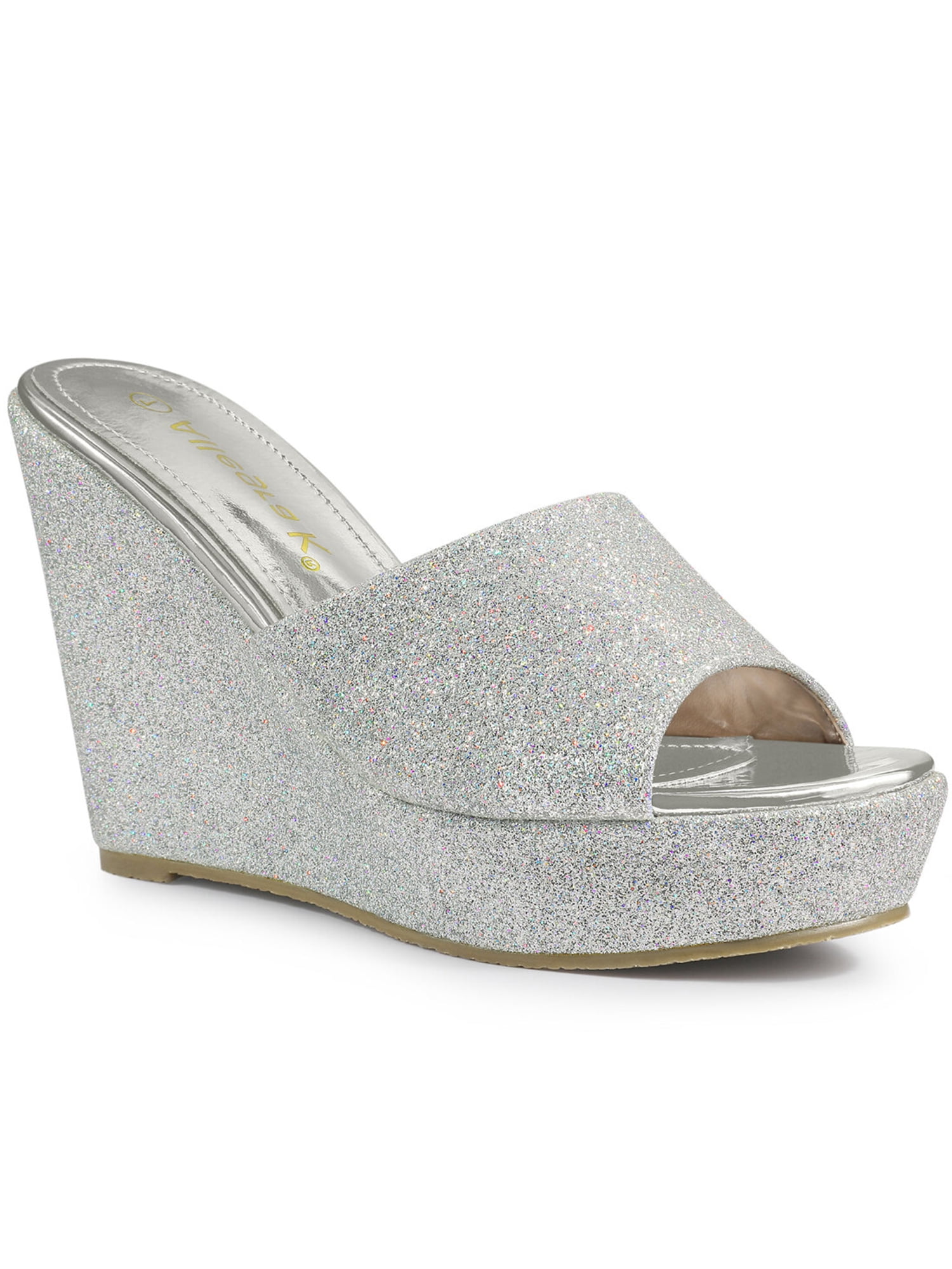BLISSFUL STEP Women's Glitter Wedge Slide Sandals Open Toe Platform Mules Silver 8