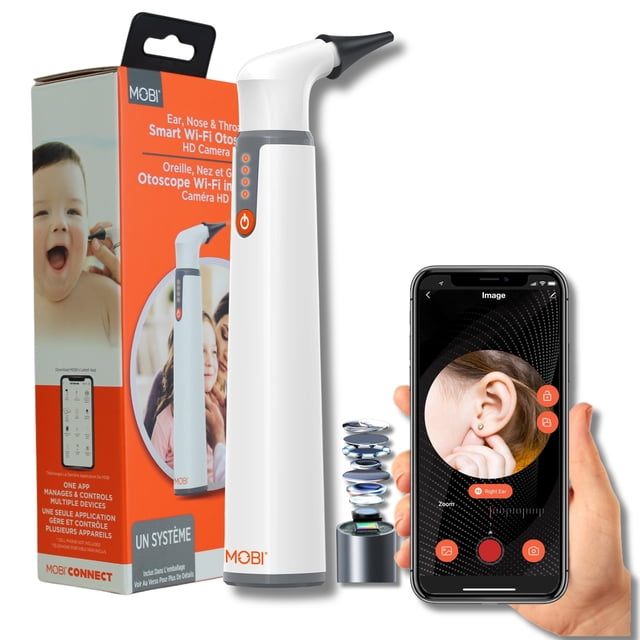 Mobi E-Health & Safety Otoscope Jr. with white and gray ergonomic design and black ear tip, shown with its orange and white box displaying product details, alongside a smartphone showing a live HD ear image via the otoscope’s Wi-Fi camera and a graphic of its internal lens system with 10x zoom.