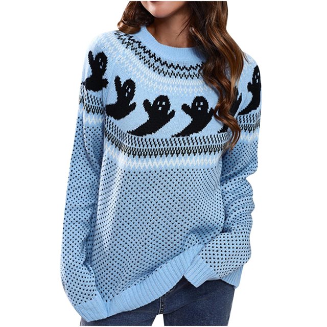 IROINID Pull-over à Col Rond pour Femme Imprimé Confortable à Manches Longues Hauts à Tricoter Récréatif Halloween