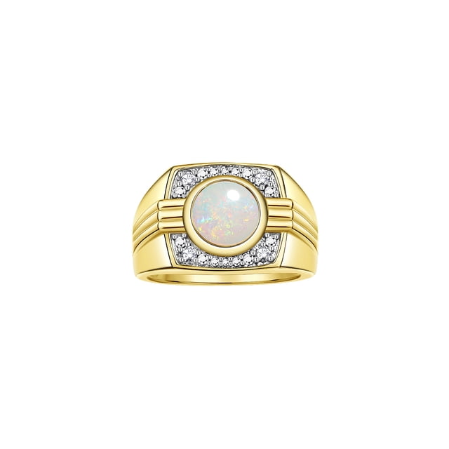 RYLOS Mens Rings 14K Yellow Gold Designer Round Gemstone & Sparkling Diamond Ring Opal October Birthstone Rings For Men, Men's Rings, Gold Rings Sizes 8 - 13