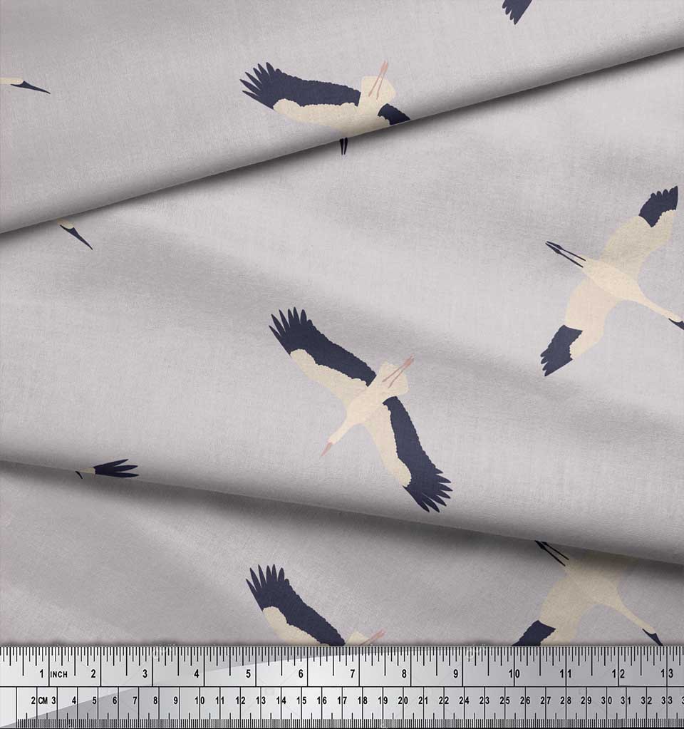 Soimoi Gray Rayon Fabric Flying Stork Bird Printed Craft Fabric by the Yard 56 Inch Wide