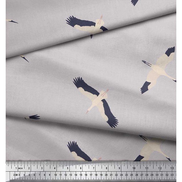 Soimoi Gray Moss Georgette Fabric Flying Stork Bird Decor Fabric Printed Yard 42 Inch Wide