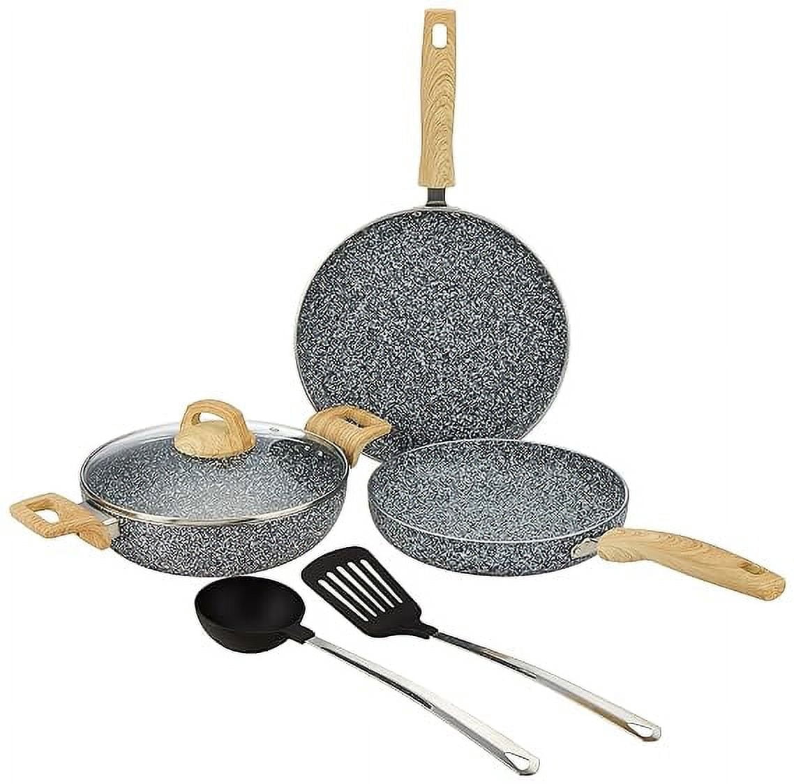 5-Piece Non-Stick Cookware Set, Granite Finish, Induction Base (1 Tawa - 28 cm, 1 Fry Pan - 24 cm, 1 Kadai - 24 cm, 1 Glass Lid and 2 Nylon Spatulas; Granito Grey)