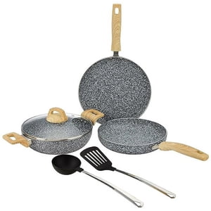 5-Piece Ensemble d'articles de cuisine non-classiques, finition granulée, base d'induction (1 Tawa - 28 cm, 1 Boîte à frire - 24 cm, 1 Kadai - 24 cm, 1 Lis et verre 2 Spatules en nylon; Gris Granito)