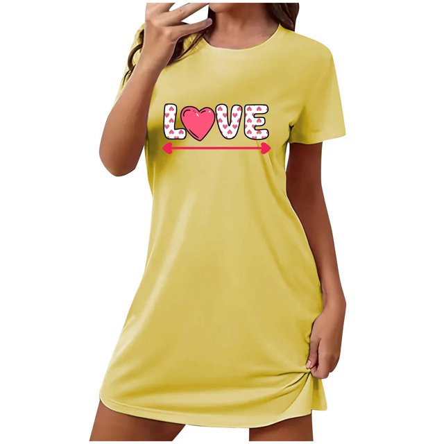 Amzcrzy Pyjamas pour Femmes Mode Imprimé Cœur Valentines Day Robe Décontractée Confortable à Manches Courtes Chemises de Nuit pour Femmes Valentines Day Cadeaux