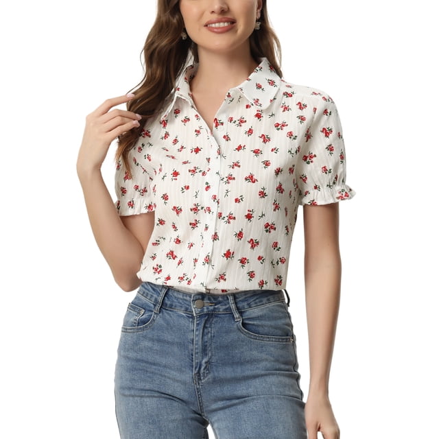 INSPIRE CHIC Hauts à Volants pour Femmes Manches Bouffantes Col Peter Pan Blouse en Coton à Imprimé Floral S Rouge Floral