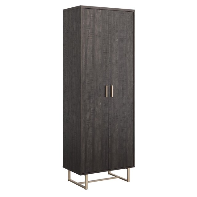 Sauder Walter Heights tall storage cabinet in blade walnut finish with two doors, metal handles, and raised on a sleek metal base.