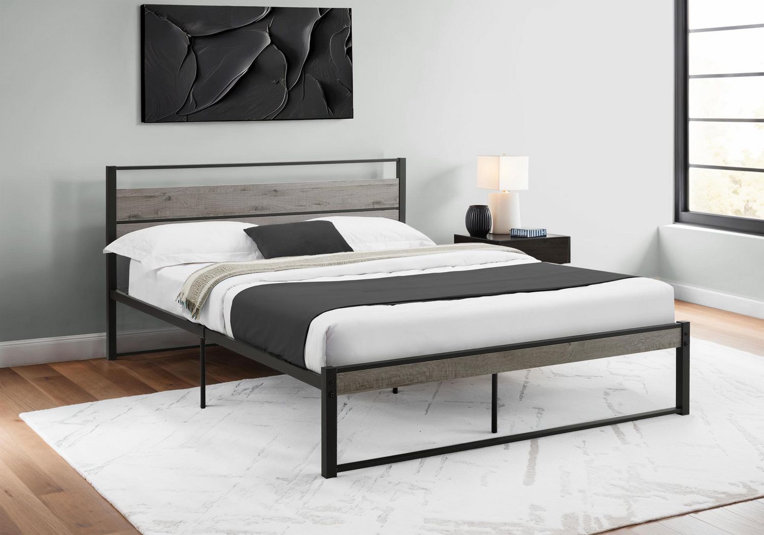 Monarch Specialties Bed, Bedroom, Frame Only, Platform Bed, Queen Size, Dark Taupe Laminate, Black Metal, Contemporary, Modern
