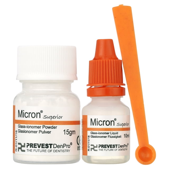 Prevest Denpro Micron Superior 2 for teeth restoration, a DIY self-cure glass ionomer restorative in handmix version. Includes a 15g powder jar, 10ml liquid bottle, and an orange mixing spatula, ideal for primary teeth restoration, core build-up, fissure sealing, and filling prior to crown preparation.