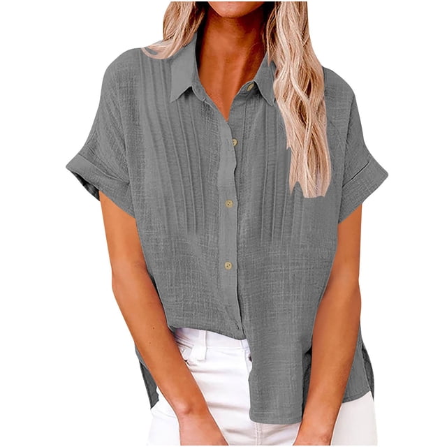 fheaev Button Down Shirts For Womens Dress Shirts Roll Up Short Sleeve Collared Blouses Lapel Neck Work Office Business Button Shirt Tunic Textured Top With Pockets