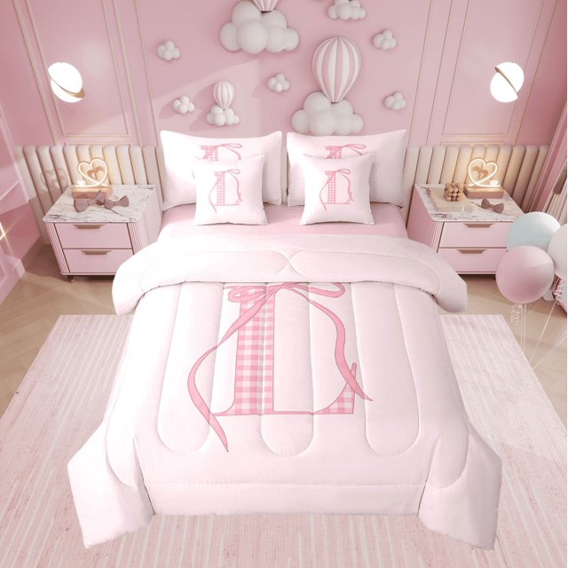 Erosebridal Literie Monogrammée pour Ados Format Grand Lit, Ensemble de Lit Lettre Initiale L Format Grand Lit, Déco Nœud Rose, Réversible