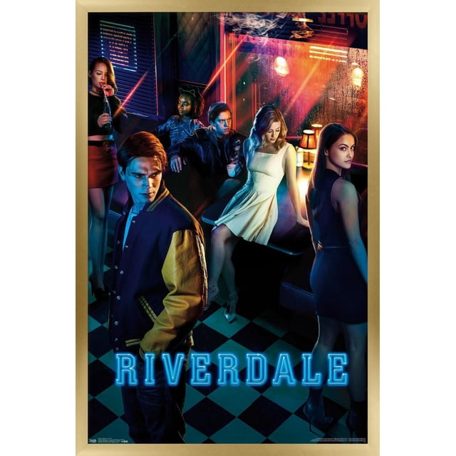Riverdale - Affiche Murale d'Art Clé, 22,375 Po x 34 Po Représentant six Jeunes Adultes dans un diner Rétro avec Plancher à Carreaux Noir et Blanc, Texte « Riverdale » Bleu Néon au Bas, Éclairage orange et Rouge Chaud Provenant des Reflets de Fenêtre, et Cabines et Lampes de diner vintage.