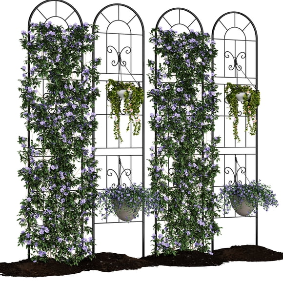 Treillis de Jardin en Métal Noir Robuste pour Plantes Grimpantes d'Extérieur – Panneaux de Clôture Décoratifs Antirouille – Support Résistant aux Intempéries pour Vignes, Fleurs et Légumes – Facile à Installer – 55x12 Pouces, 4 Pcs, Noir